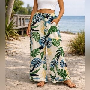Alex & Parker Tropical Print Wide Leg Pants | Drawstring Waist | Size S